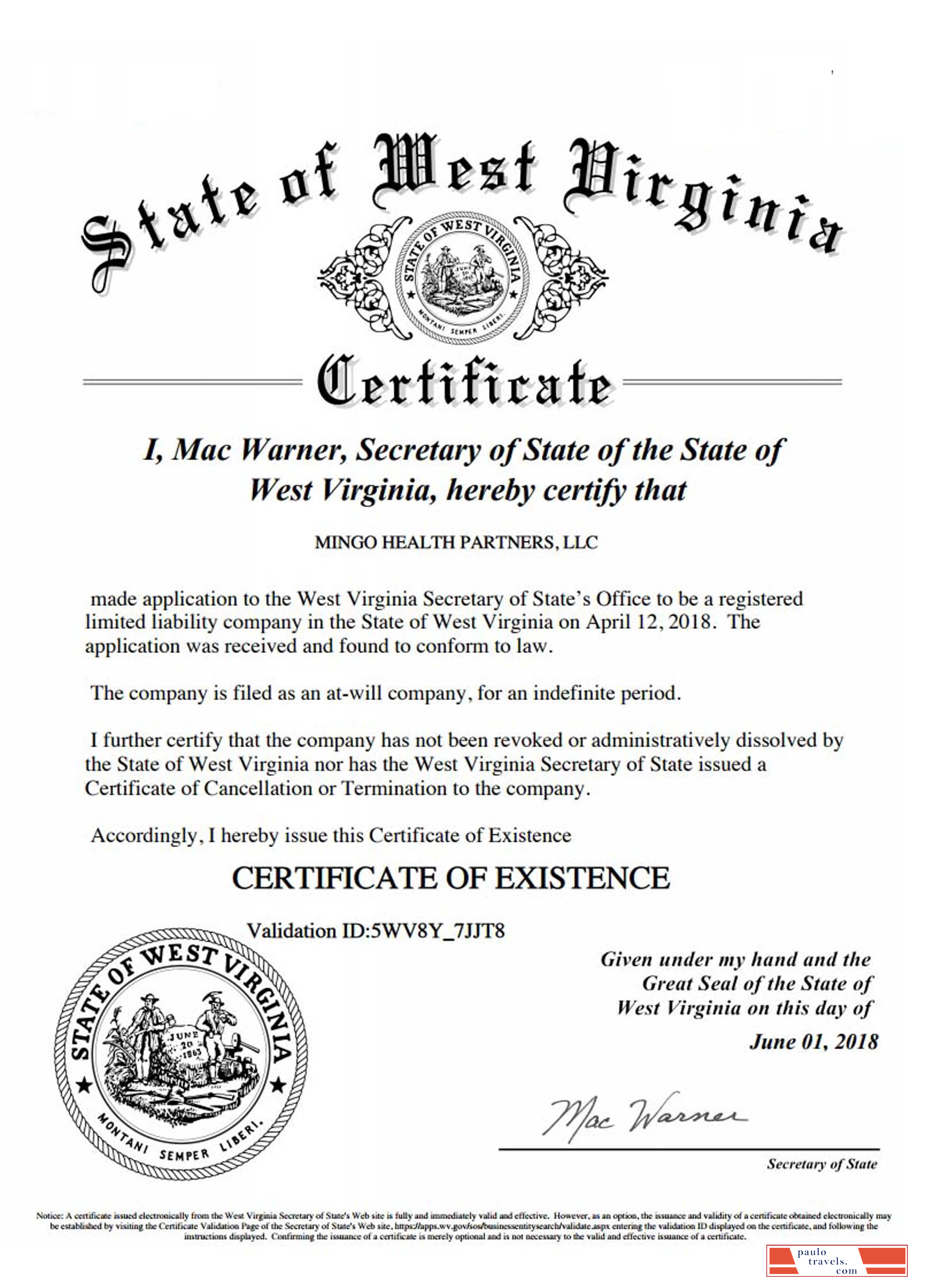 USA West Virginia certificate of good standing